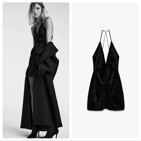 Zara Festive Season Black Velvet Strappy V Neck Mini Dress Small - Picture 2 of 7